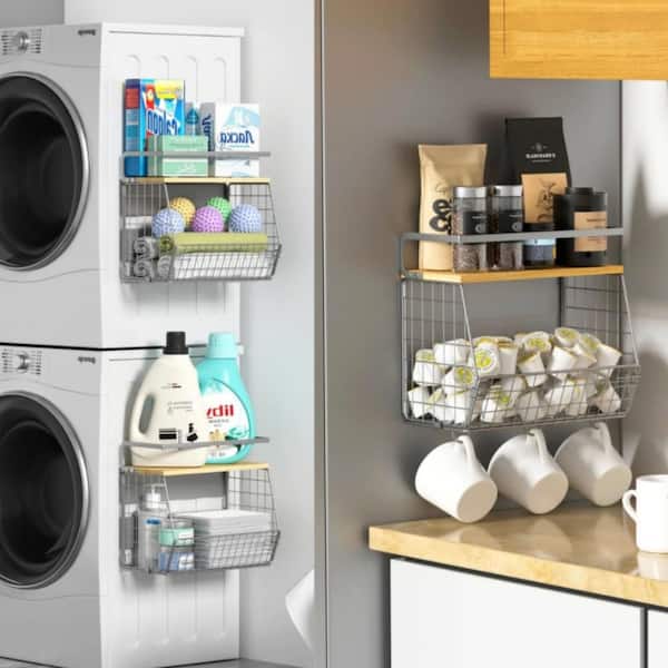 Magnetic Shelf with Lid, Fruit, Vegetable Storage Bin and Rack for Refrigerator, Kitchen Counter and Cabinet, Silvergray