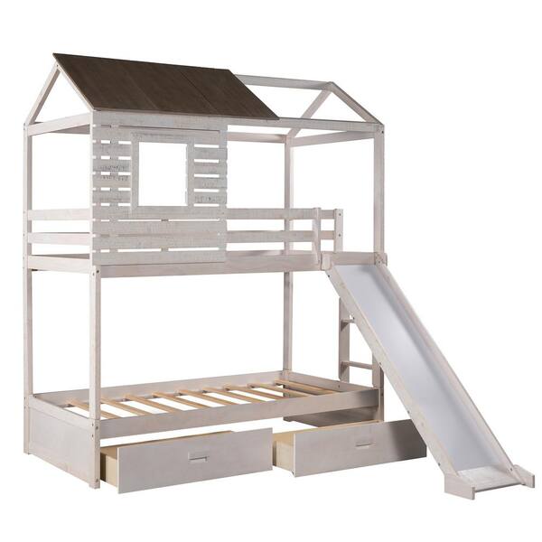 GHOUSE Antique White Twin Over Twin Bunk Bed with Slide and 2 Storage ...