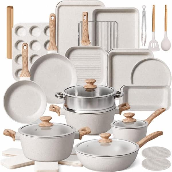31 Piece Nonstick Cookware Set, Aluminum Carbon Steel Kitchen Cooking Pots Pans Set with Bakeware and Utensils, White