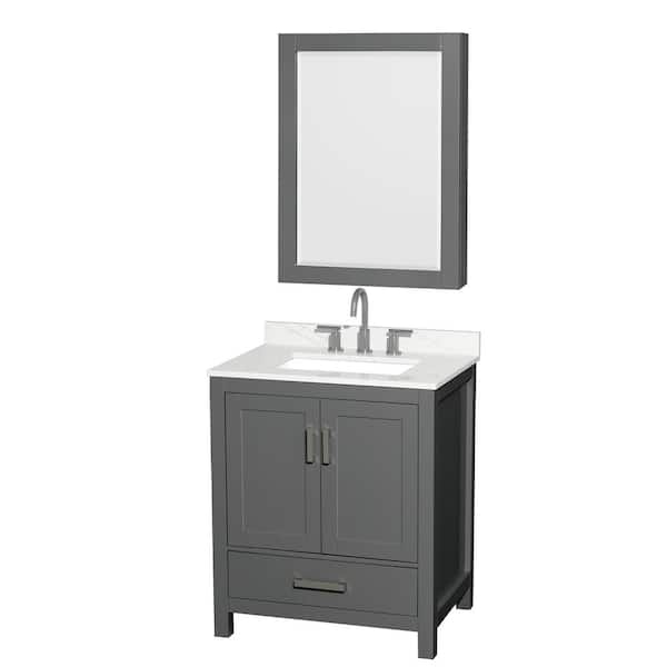 Wyndham Collection Sheffield 30 in. W x 22 in. D x 35 in. H Single Bath Vanity in Dark Gray with Giotto Quartz Top and Mirror