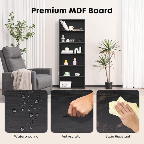 Tileon 6-Shelf Black Freestanding MDF Open Bookcase, Pantry