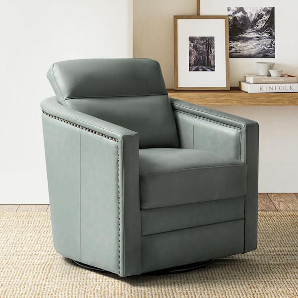 ARTFUL LIVING DESIGN Elvira 28.74 in. Wide Sage Genuine Leather Swivel Chair with Squared Arms