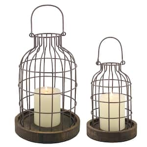 11.5 in. Brown Weathered Metal Lantern with Wood Base (Set of 2)