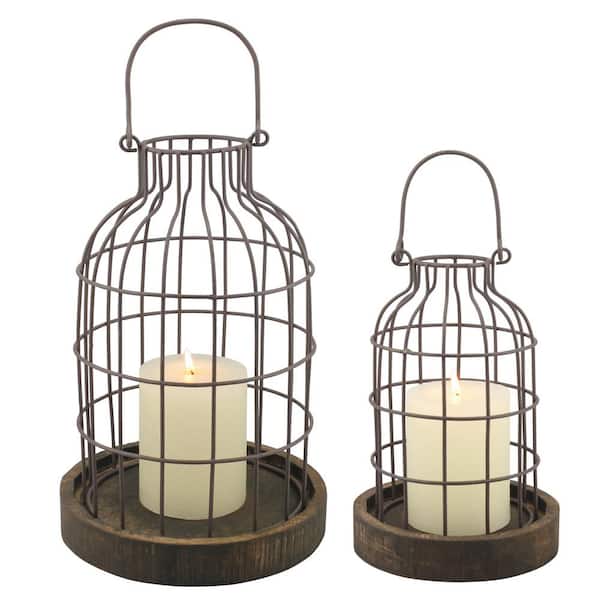 Stonebriar Collection 11.5 in. Brown Weathered Metal Lantern with Wood Base (Set of 2)