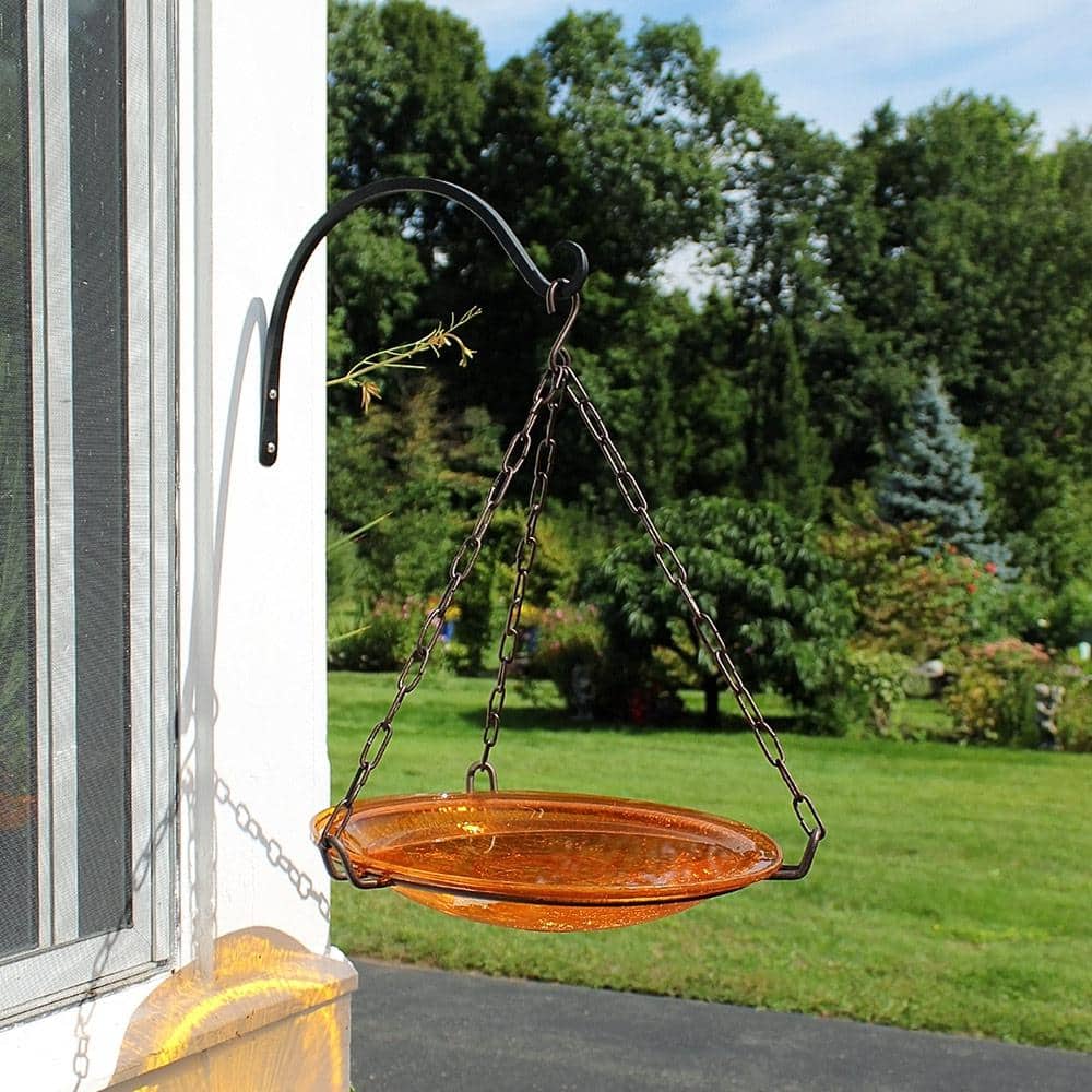 Mandarin Orange Crackle Glass Birdbath Bowl with Stand