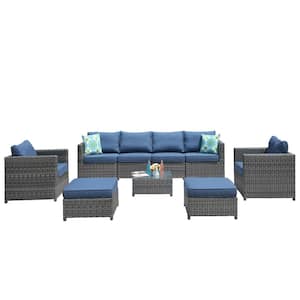 Ontario Lake Gray 9-Piece Wicker Outdoor Patio Conversation Seating Set with Denim Blue Cushions