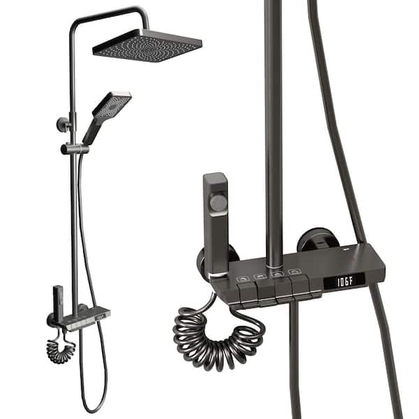 WIAWG Temperature Display Thermostatic Shower System Shower Combo Set with Tub Spout, Hand Shower, Bidet Sprayer, Gun Gray