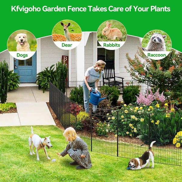 FXW Garden Fence 4 Panels 24in High Animal Barrier Decorative Metal Fence For Dogs Pets Temporary Fencing For Yard Patio Black