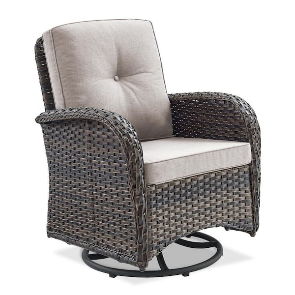Brown Wicker Outdoor Rocking Chair, Patio Swivel Rocking Chair with Beige Cushions for Porch or Balcony (1-Pack)