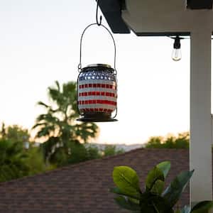 7 in. Tall Hanging Solar Powered Outdoor Patriotic Lantern with LED Lights