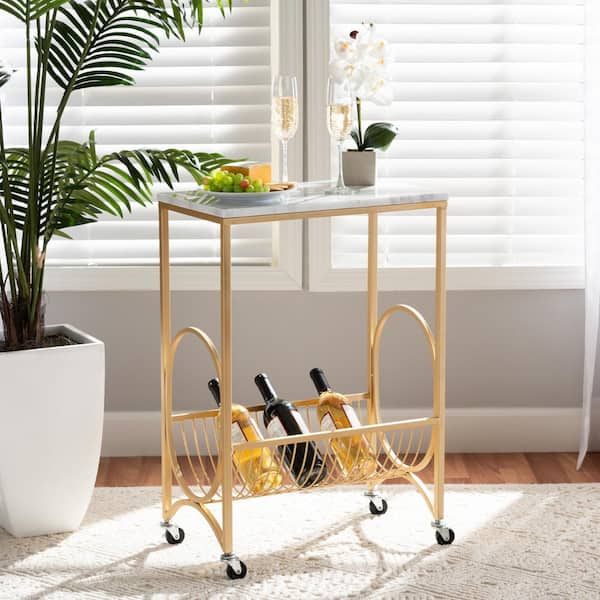 Baxton Studio Jacek White and Gold Wine Cart