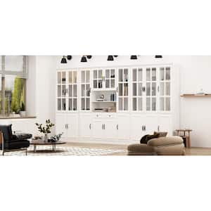 141.7 in. Luxurious Wall Wide White Wooden 30 Shelves Accent Bookcase with Tempered Glass Door & 2 Drawers