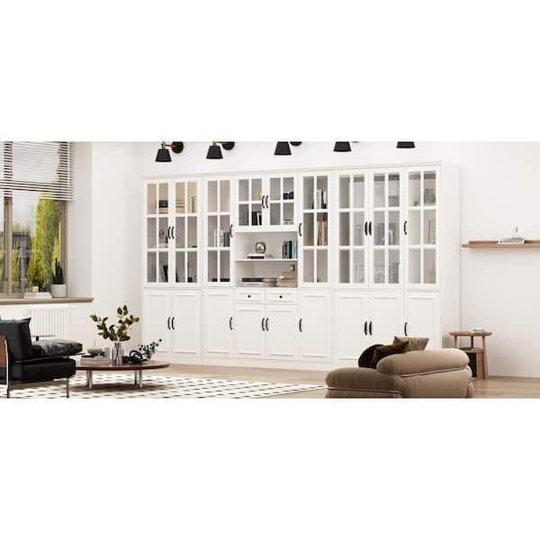 141.7 in. Luxurious Wall Wide White Wooden 30 Shelves Accent Bookcase with Tempered Glass Door & 2 Drawers