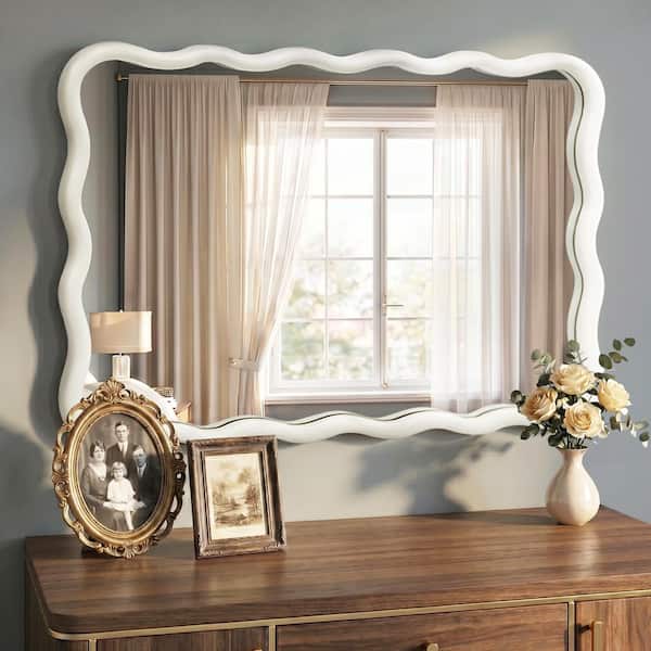 24 in. W x 36 in. H Rectangle White Wood Framed Wavy Wall Mirror