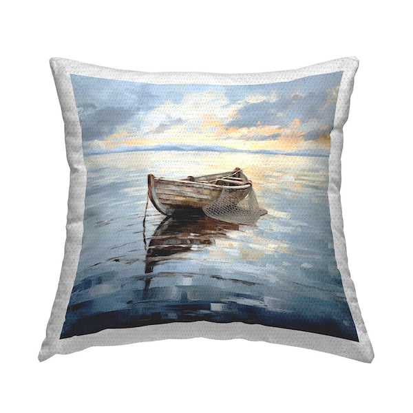 Stupell Industries Fishing Boat Landscape Grey Square Outdoor Throw Pillow