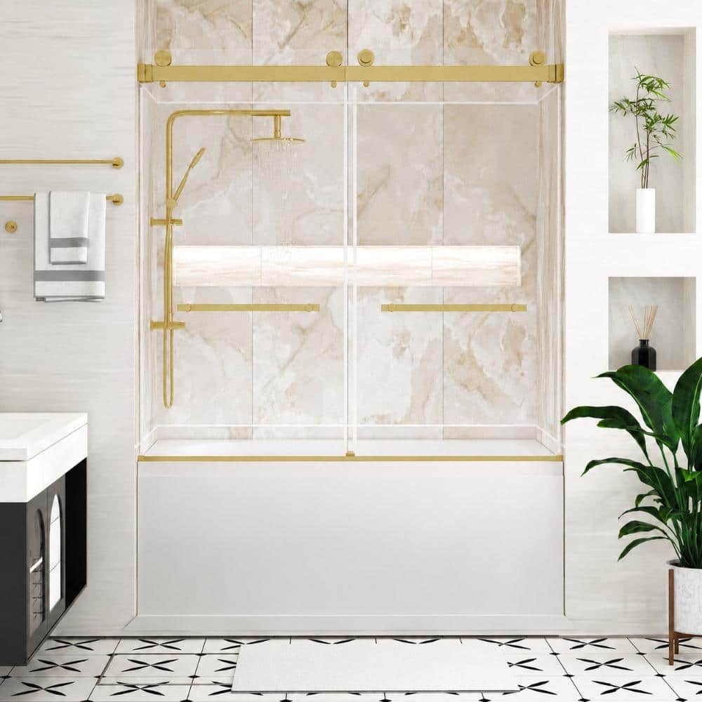 "56"" - 60"" W x 58"" H Frameless Double Sliding Bathtub Shower Door in Brushed Gold with Clear Glass" price history on PriceWatchPro