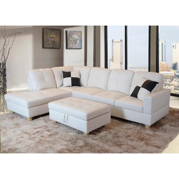 Left Facing Chaise Sectional Sofa, White Fake Leather Sectional