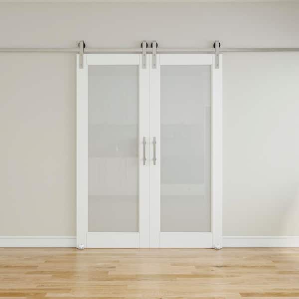 60 in. x 80 in. 1-Lite Tempered Frosted Glass White Finished MDF Sliding Barn Door with Hardware Kit Nickel