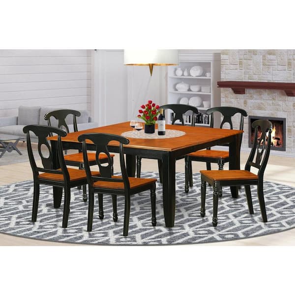 East West Furniture 7-Piece Square Black & Cherry Finish Solid Wood Top Dining Table with 6-Chairs with Lattice Back