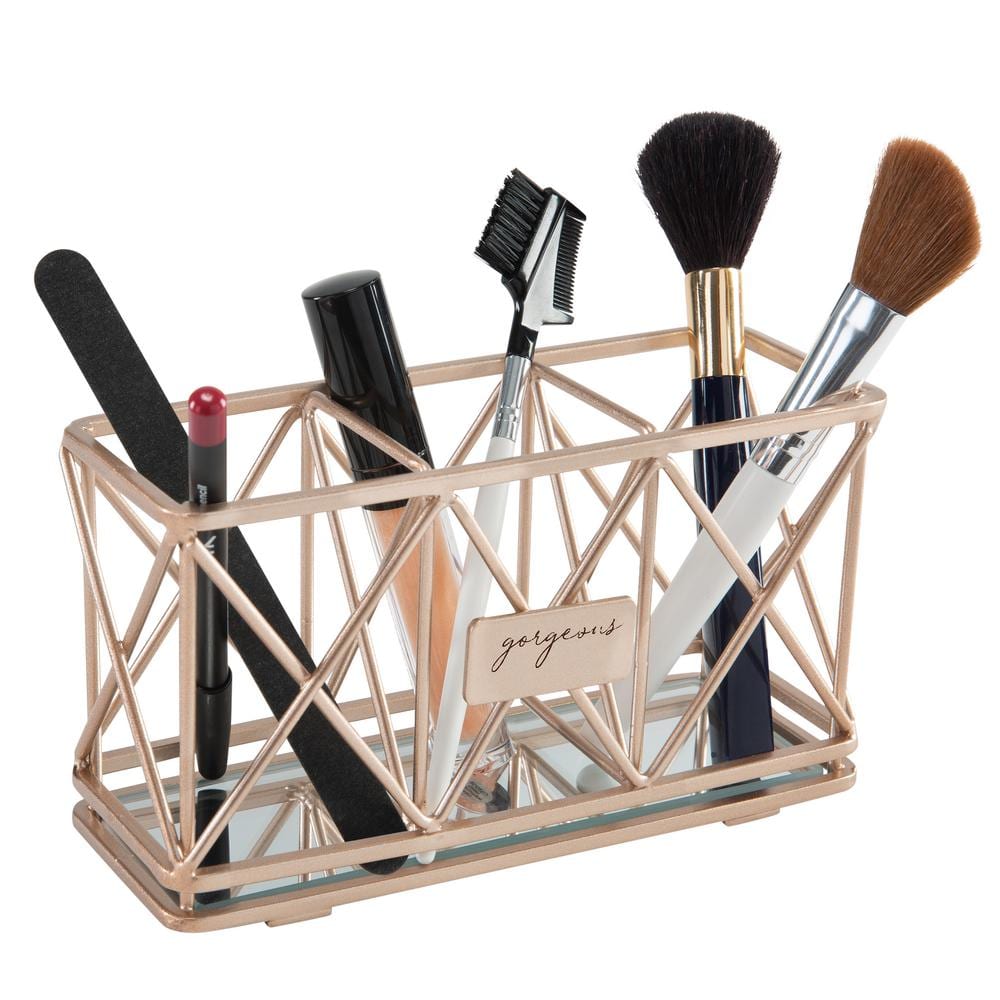 Rose Gold Metal 3-Compartment Cosmetic Organizer with Mirrored Base