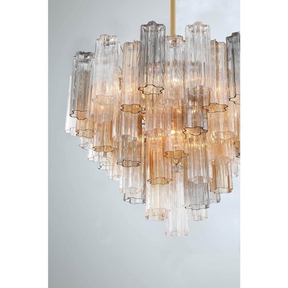 Aged Brass and Crystal 12-Light Chandelier with Tronchi Glass