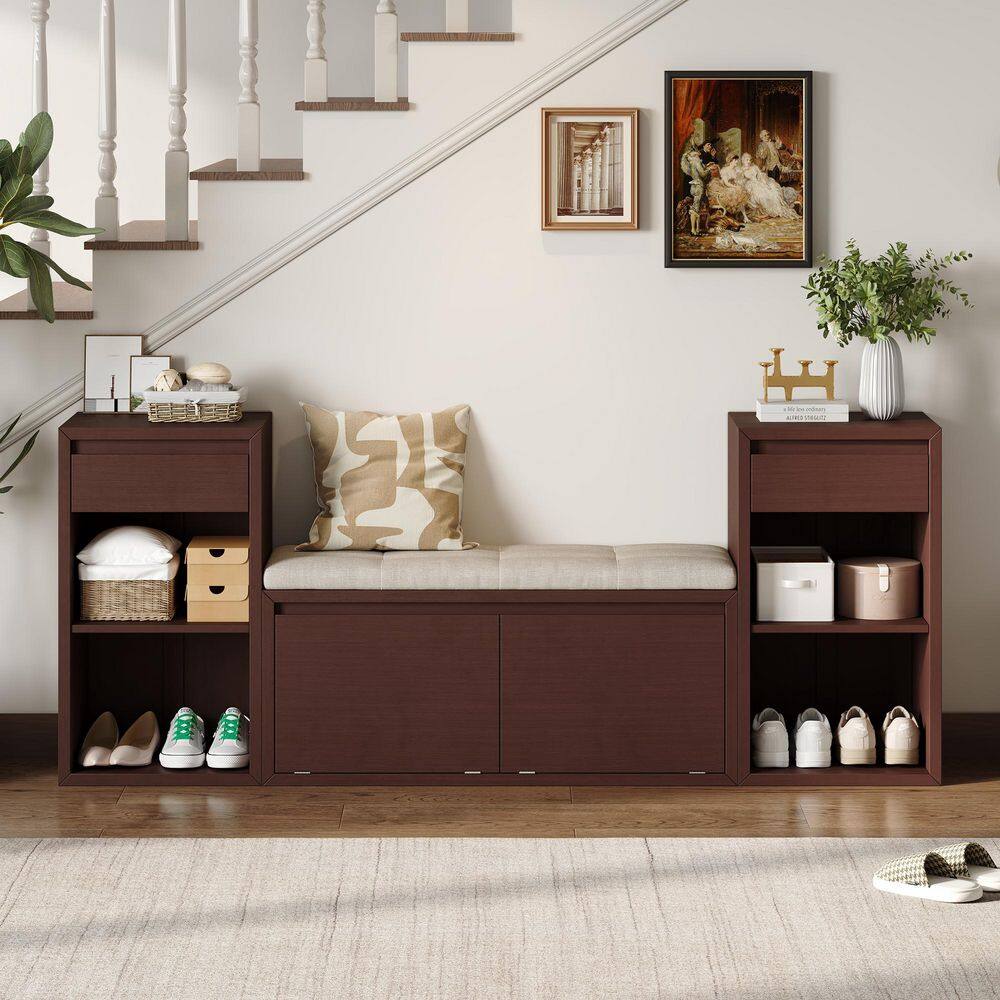 Versatile 77.48 in. Espresso Wooden Entryway Storage Bench with Drawers, Open Shelves, and Flip-Top Compartments