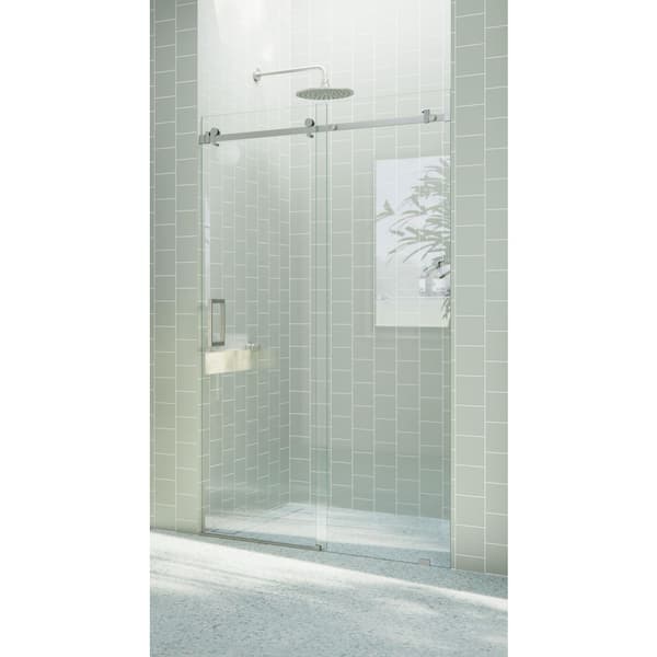 Astro 48 in. W x 78 in. H Sliding Frameless Shower Door with Square Hardware in Brushed Nickel with Clear Glass