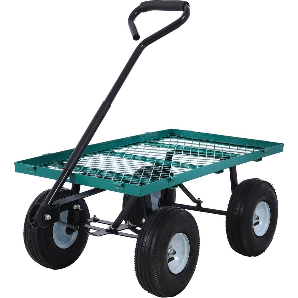 Green Heavy Duty Steel Mesh Utility Wagon with Pneumatic Tires