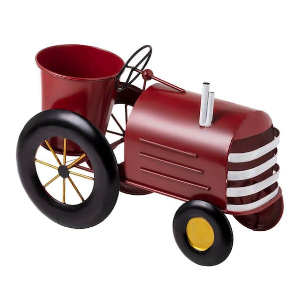 Alpine Corporation 11 in. Tall Indoor/Outdoor Metal Tractor Flower Planter with Stand, Red