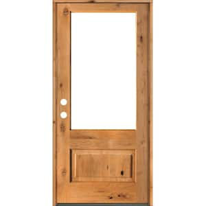 36 in. x 80 in. Farmhouse Knotty Alder Right-Hand/Inswing 3/4 Lite Clear Glass Clear Stain Wood Prehung Front Door