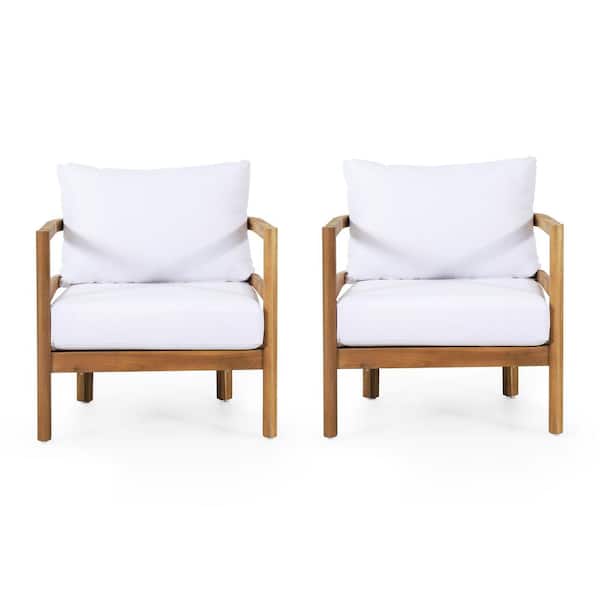 Noble House Ellendale Teak Brown Wood Outdoor Patio Club Chair with White Cushion (2-Pack)