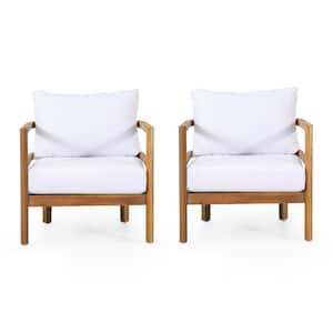 Ellendale Teak Brown Wood Outdoor Club Chair with White Cushion (2-Pack)