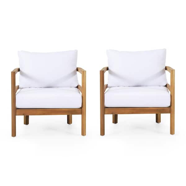 Noble House Ellendale Teak Brown Wood Outdoor Club Chair with White Cushion (2-Pack)