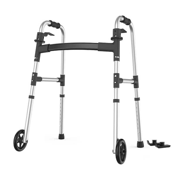 24 in. Adjustable Aluminum Folding Walker with Ski Glides 5 in. Front Wheel Medical for Handicap and Adults, Silver
