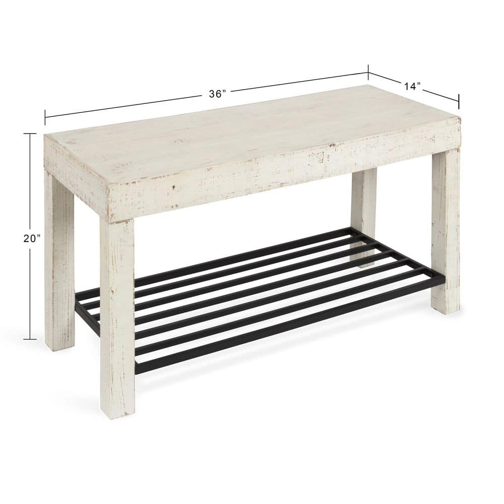 Rustic White Solid Wood & Iron Shoe Storage Bench, 36"x14"x20"