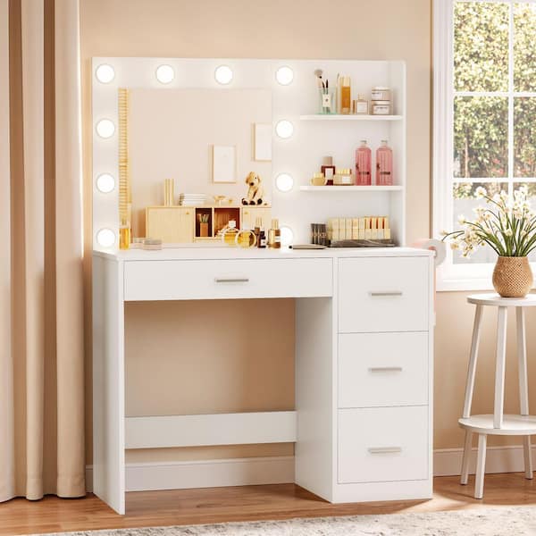 White Makeup Vanity Desk with Mirrors and Power Outlet, Dressing Table with 4 Drawers, 3 Lighting Modes for Bedroom