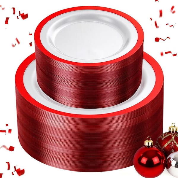 Red BPA Free Christmas Plastic Plates for Party (Set of 120), Fancy Disposable Plates for Christmas Party and Wedding
