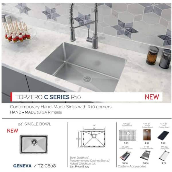 TopZero Undermount Stainless Steel 26 in. Single Bowl Kitchen Sink
