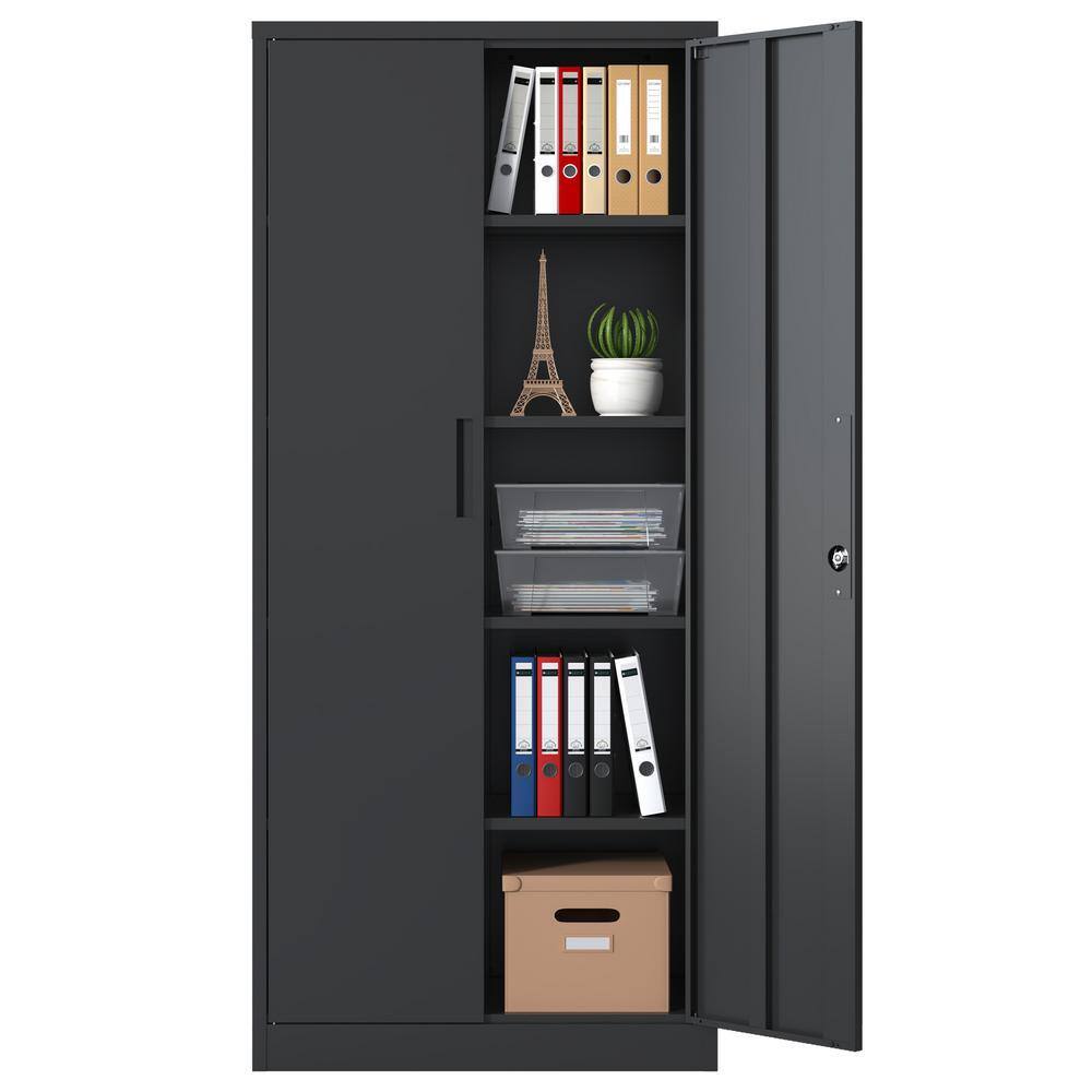 Black metal garage storage cabinet with doors open, showing adjustable shelves filled with binders and boxes.