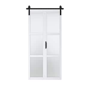 40 in. x 84 in. 3 Lite Tempered Frosted Glass White finished Composite MDF Bi-Fold Sliding Barn Door with Hardware Kit