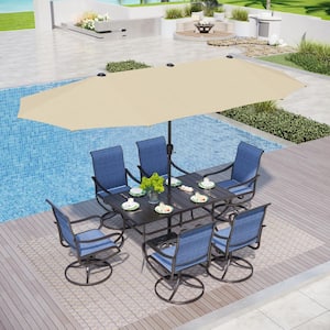 Black 8-Piece Metal Patio Outdoor Dining Set with Rectangle Table, Beige Umbrella and Padded Textilene Swivel Chairs