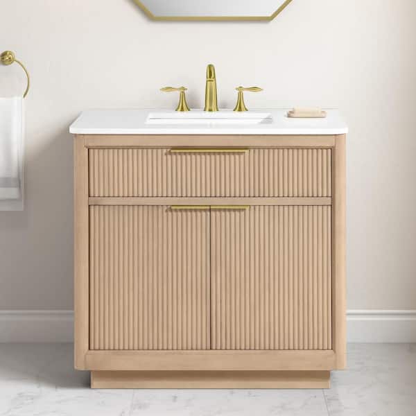 Xander 36 in., Single Sink Freestanding Sahara Birch Bath Vanity with White Engineered Stone Top