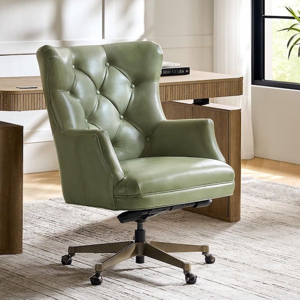 Salvador Genuine Leather Wingback Ergonomic Office Chair in Green with Non-Adjustable Arms