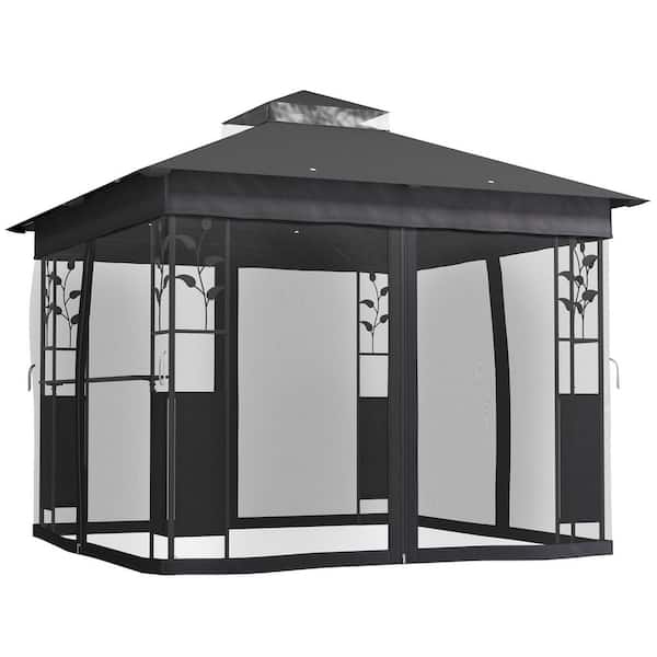 10 ft. x 10 ft. Dark Gray Outdoor Gazebo with Shelves and Netting, Double Roof Patio Gazebo Canopy Shelter
