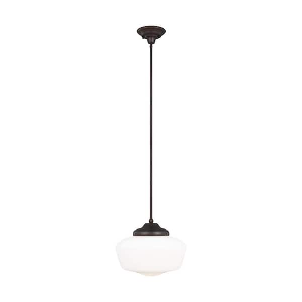 Generation Lighting Academy Medium 11.5 in. 1-Light Bronze Transitional Farmhouse Pendant with Satin White Glass Shade and LED Light Bulb