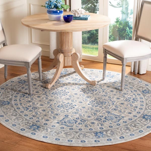 Brentwood Light Gray/Blue 7 ft. x 7 ft. Round Floral Border Geometric Area Rug