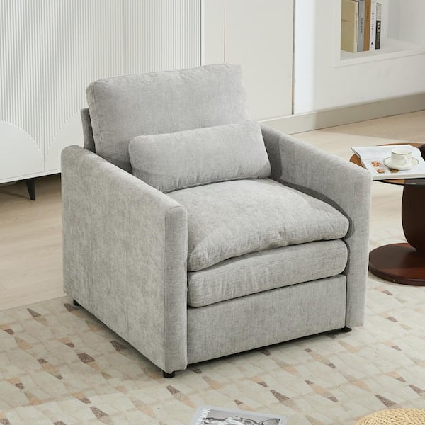 Oversized Light Gray Chenille Upholstered Arm Chair with Double Cushion Design