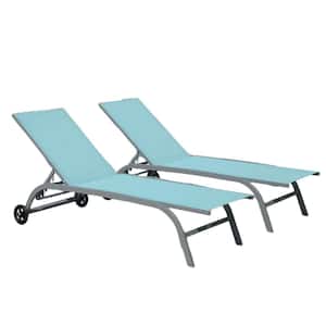 Lake Blue 2-Piece Metal Outdoor Chaise Lounge, Lounge Chairs with Wheels and 5-Adjustable Position