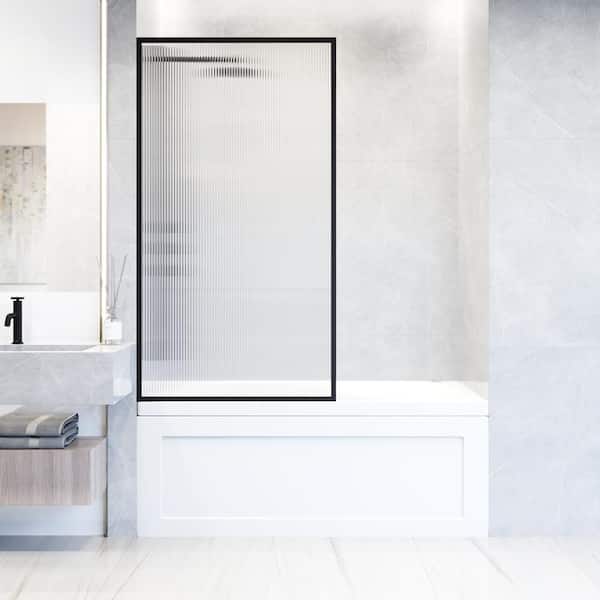 VIGO Meridian 34 in. W x 62 in. H Framed Fixed Tub Screen Door in Matte Black with 3/8 in. (10mm) Fluted Glass