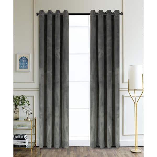 Lyndale Decor Charcoal Velvet Grommet Room Darkening Curtain - 52 in. W x 95 in. L